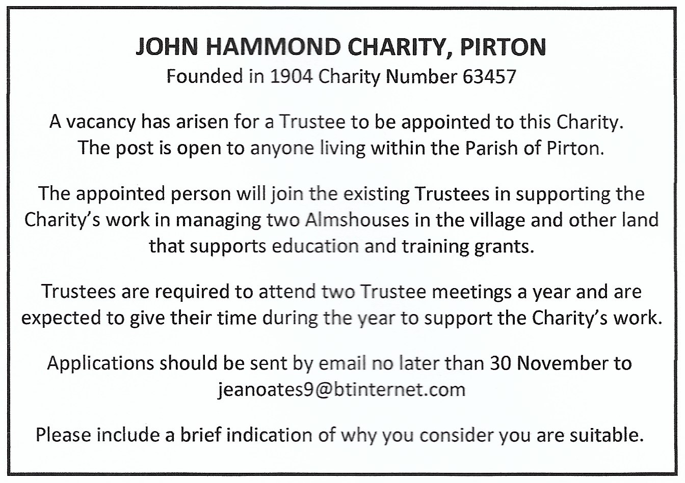 Advertisement for trustee vacancy on John Hammond Trust